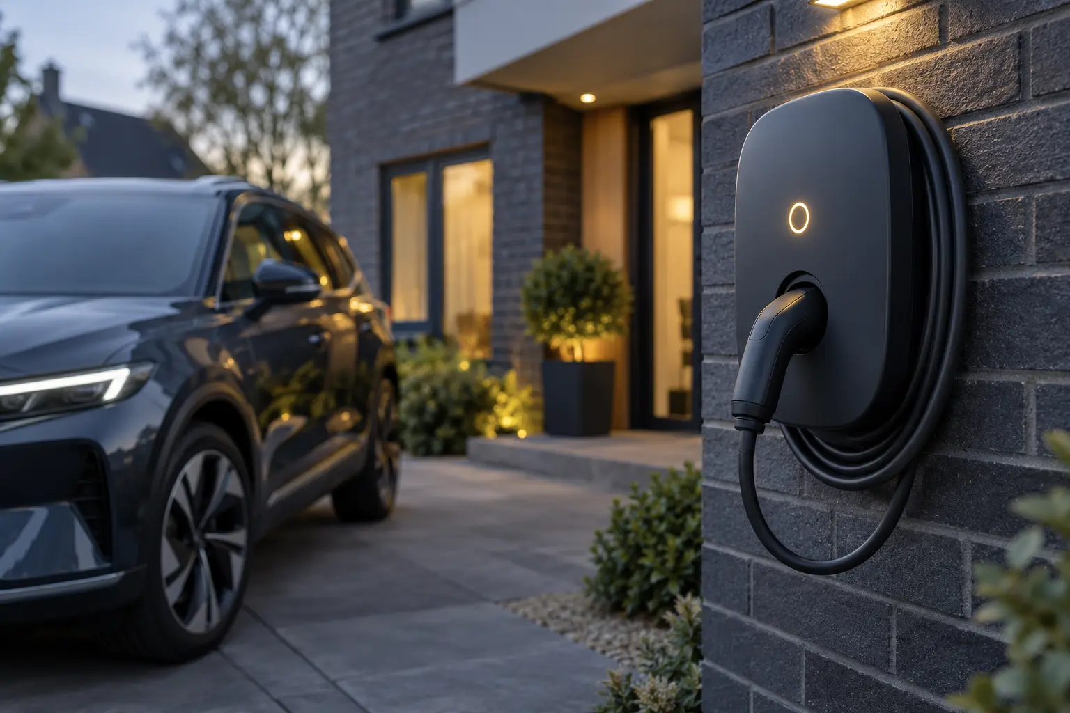 Domestic electric vehicle charger installed outside a modern home